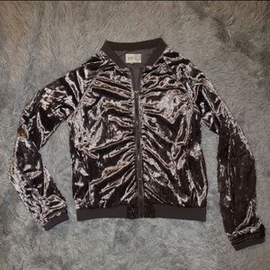 Crushed Velvet Gray Metal Bomber Jacket Full Zip